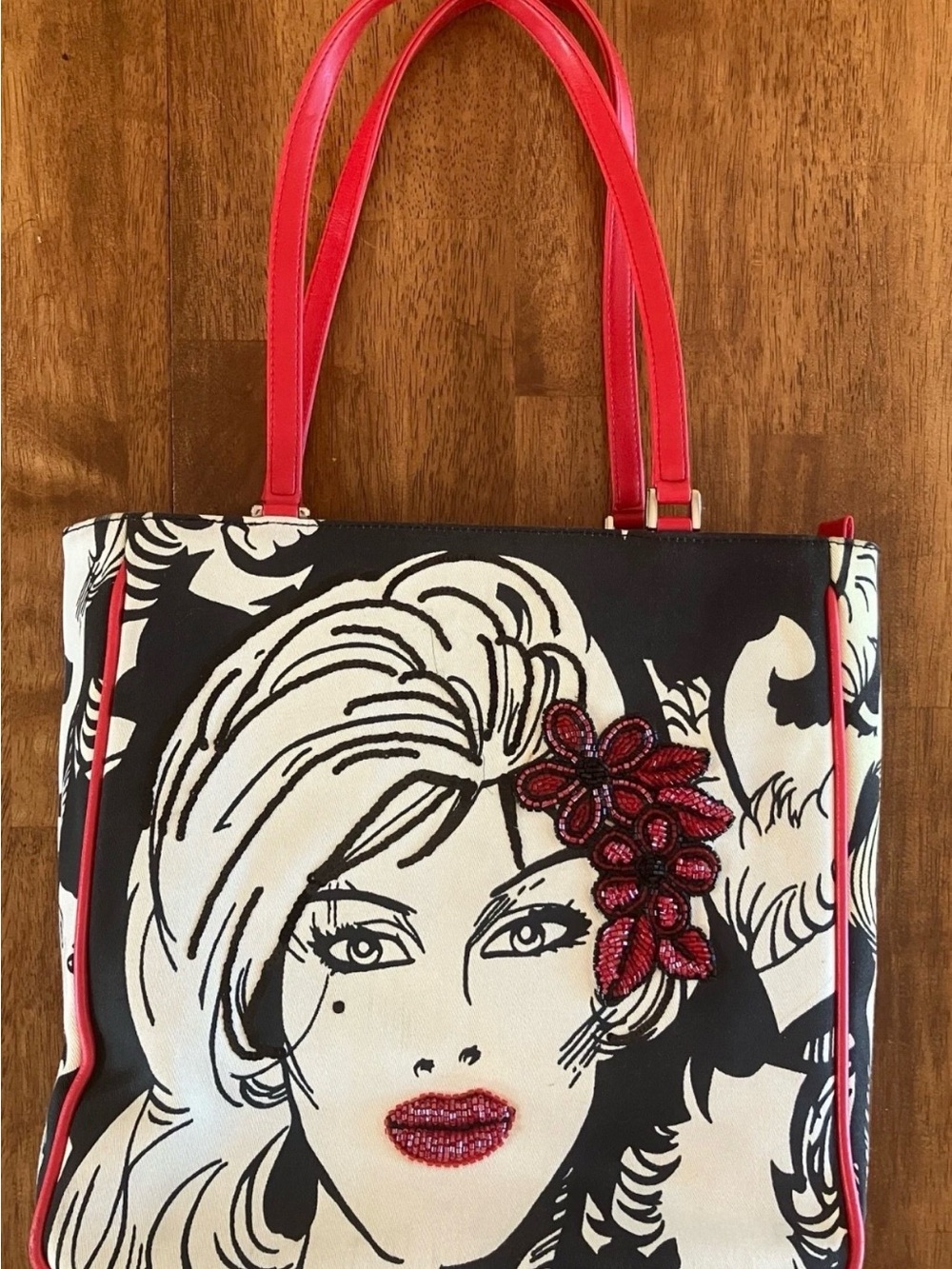 Isabella Fiore Black, White & Red Illustrated Canvas Tote with Beaded Detail